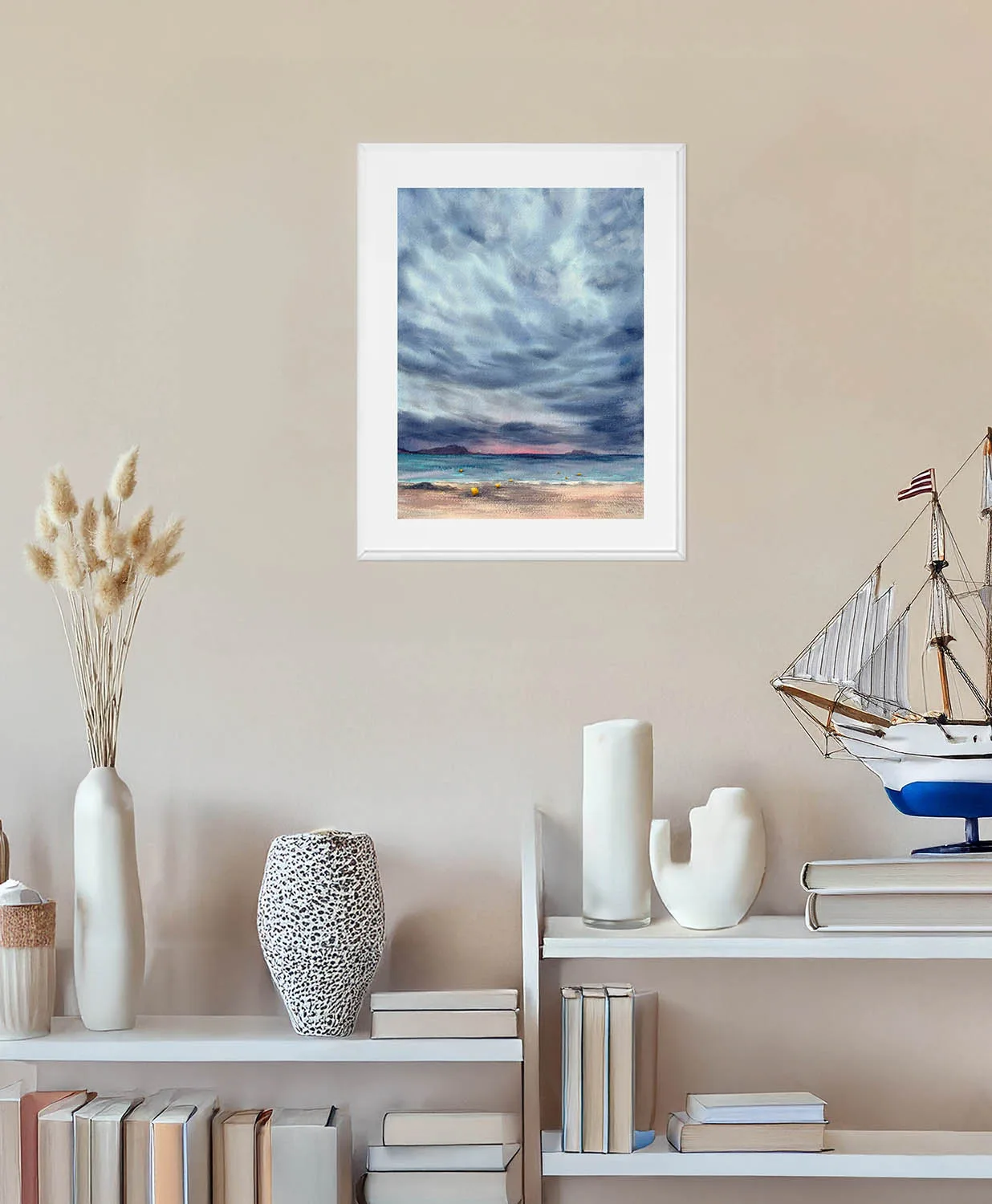 Ocean watercolor painting After Dark in contemporary entryway interior, coastal wall art with stormy clouds and twilight horizon for nautical themed home