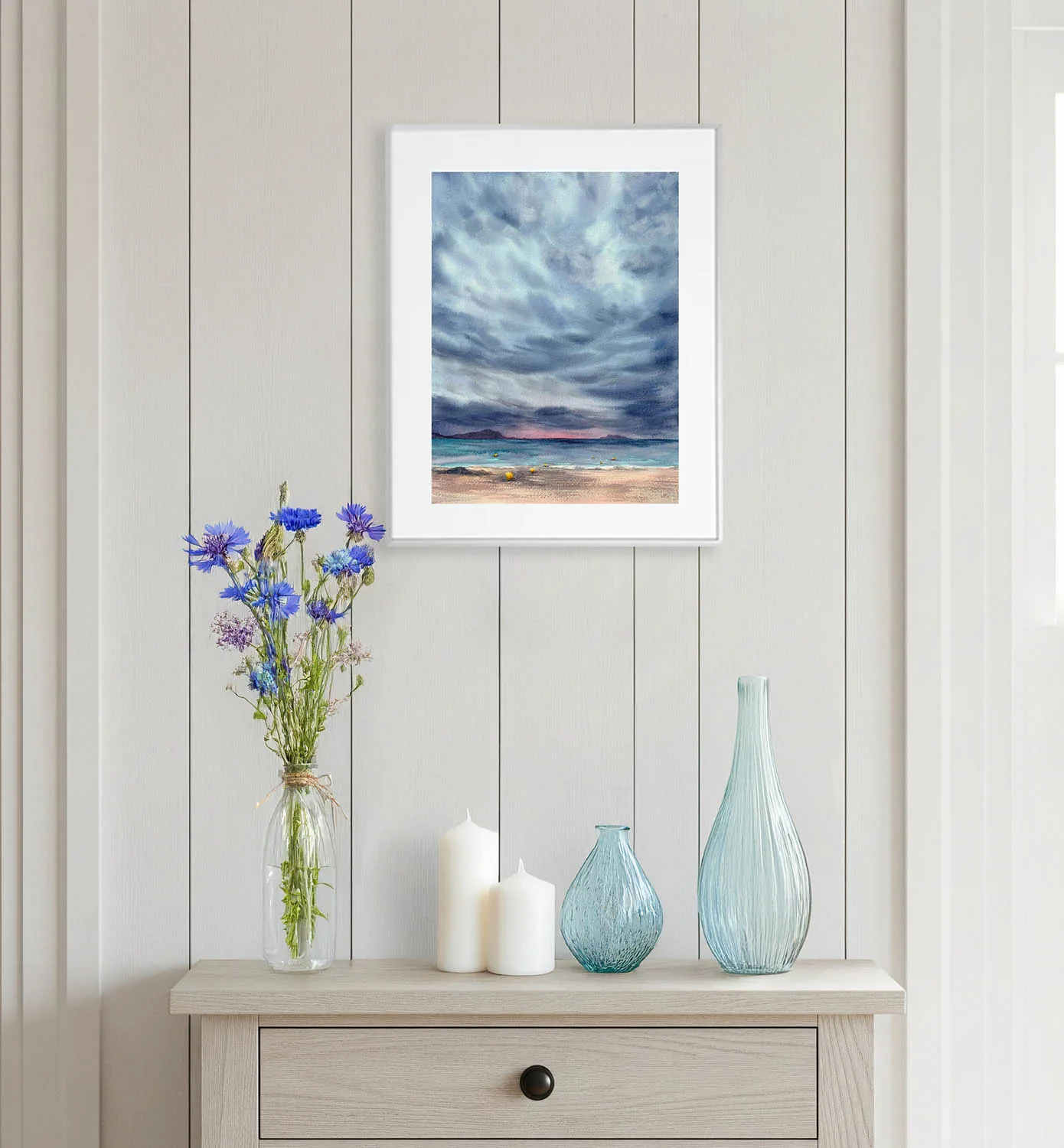 After Dark original watercolor seascape, painted in Saint-Jacut-de-la-Mer with twilight sky and dark clouds