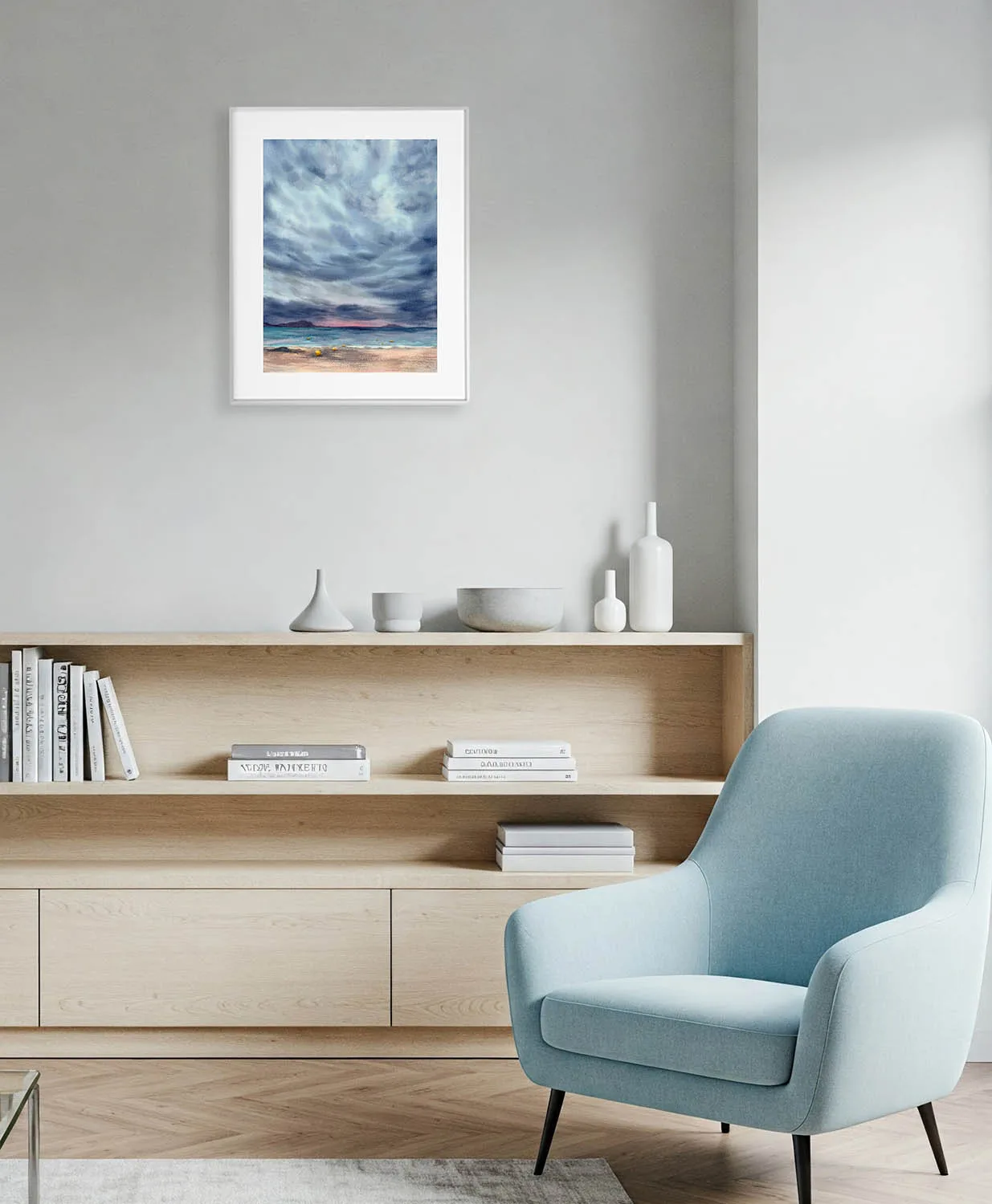 After Dark original watercolor painting of stormy ocean and dramatic twilight sky, seascape art inspired by Saint-Jacut-de-la-Mer, Brittany