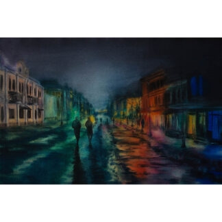 Kyiv. Podil. Blackout original watercolor painting of Kyiv cityscape at night with wet cobblestone reflections and silhouettes under soft city lights
