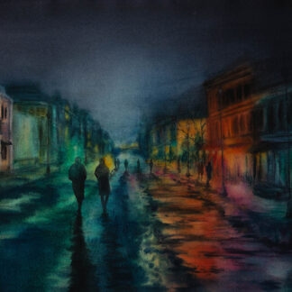 Original watercolor painting of Kyiv Podil district during blackout with illuminated buildings and reflections on rain-wet streets, Ukrainian city art