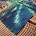 Detail of watercolor brushwork from Kyiv. Podil. Blackout painting with shimmering lights and moody shadows