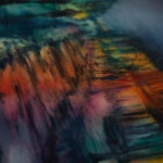 Closeup of Kyiv. Podil. Blackout watercolor showing architectural details and glowing reflections on pavement under night sky