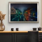 Original watercolor cityscape painting Kyiv Podil blackout night scene in cozy living room interior, urban art for modern decor
