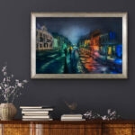 Framed Kyiv. Podil. Blackout watercolor artwork on wall in modern interior, atmospheric city night painting