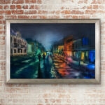Framed Kyiv. Podil. Blackout cityscape watercolor painting in a modern interior, highlighting moody urban night tones, soft streetlight reflections, and artistic charm of historic Podil district.