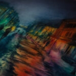 Kyiv. Podil. Blackout original watercolor painting with dark buildings, light reflections, and silhouettes in the night cityscape