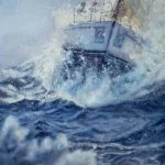 Maritime watercolor artwork Bravery showing sailboat battling deep blue storm waves, emotional ocean painting representing inner strength and determination.