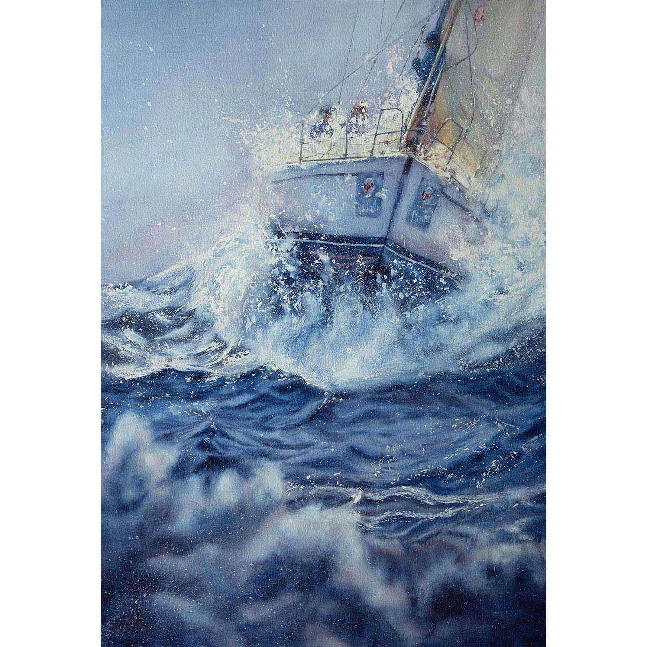 Bravery original watercolor painting of a sailboat facing stormy ocean waves, symbolic seascape about courage, resilience, and moving forward through life’s storms.