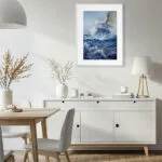 Bravery ocean storm sailing painting displayed in a modern living room, enhancing the space with bold nautical artwork, deep blue waves, and adventurous maritime atmosphere.
