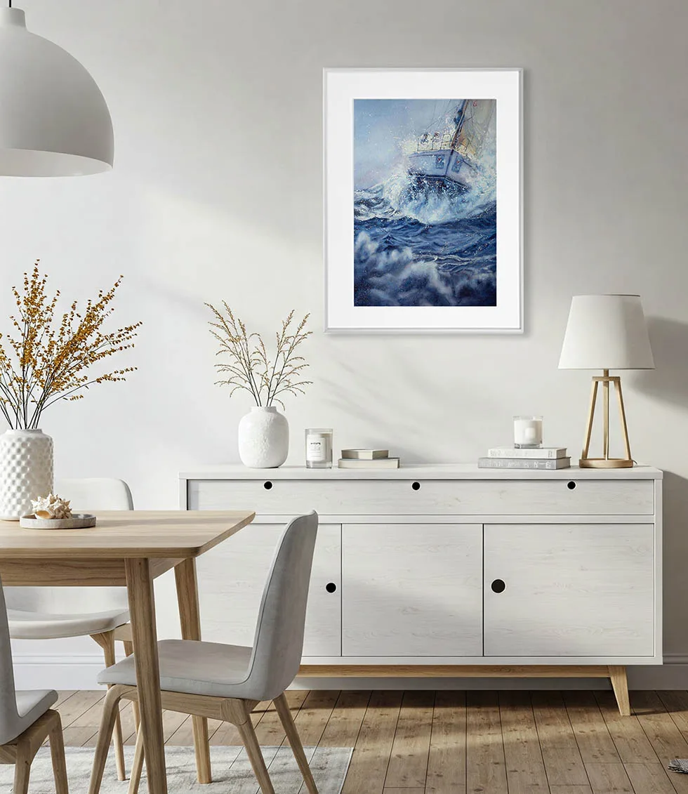 Bravery ocean storm sailing painting displayed in a modern living room, enhancing the space with bold nautical artwork, deep blue waves, and adventurous maritime atmosphere.
