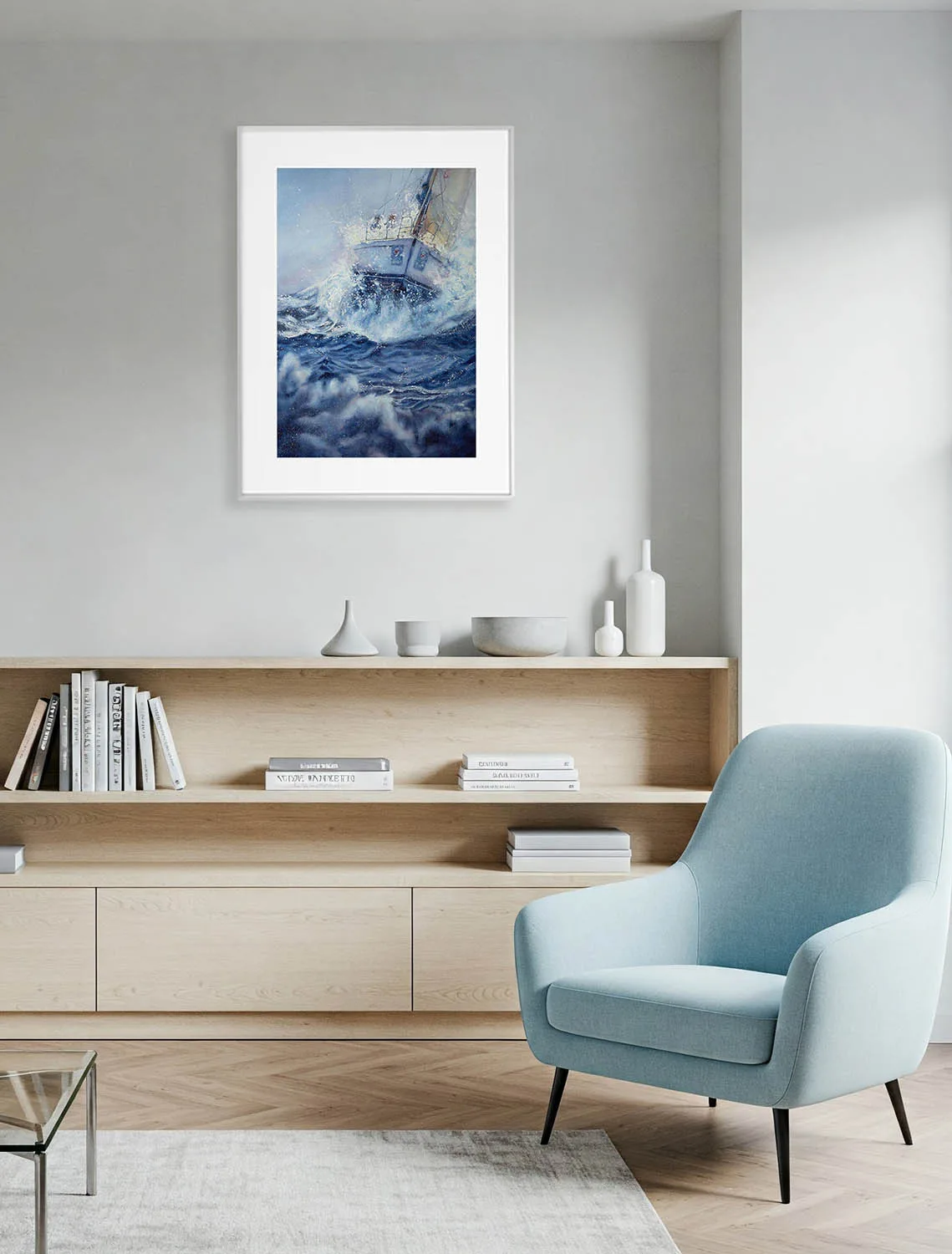 Bravery nautical watercolor painting on the living room wall, featuring powerful ocean waves, splashing water, and a courageous sailboat — perfect for ocean lovers and coastal interiors.