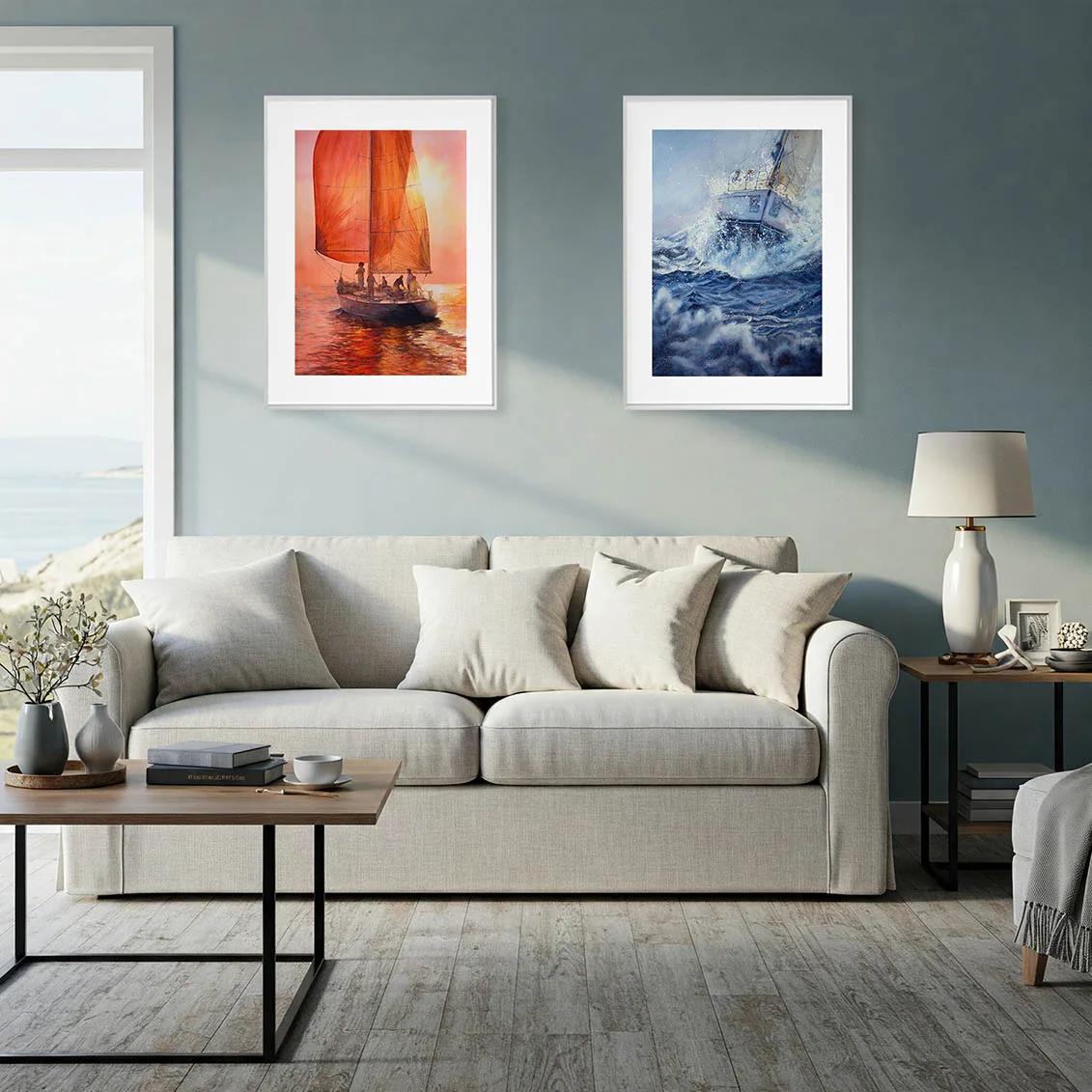 Bravery watercolor sailing painting in a cozy living room, enhancing the space with ocean-inspired décor, stormy sea colors, and nautical art for maritime interior themes.