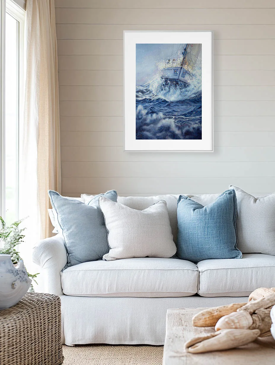 Bravery ocean storm painting hanging above a light sofa in a modern living room, adding powerful wave textures, sailing adventure, and coastal wall art style.