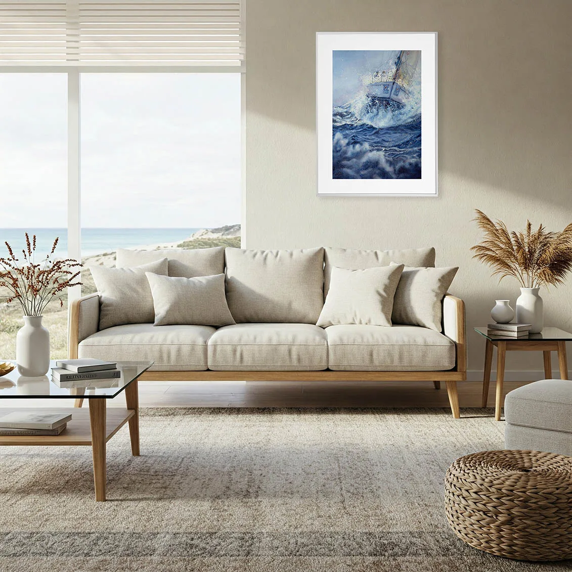 Bravery sailboat battling storm waves displayed in a neutral modern living room, adding movement, ocean depth, and dramatic nautical wall art to the interior.