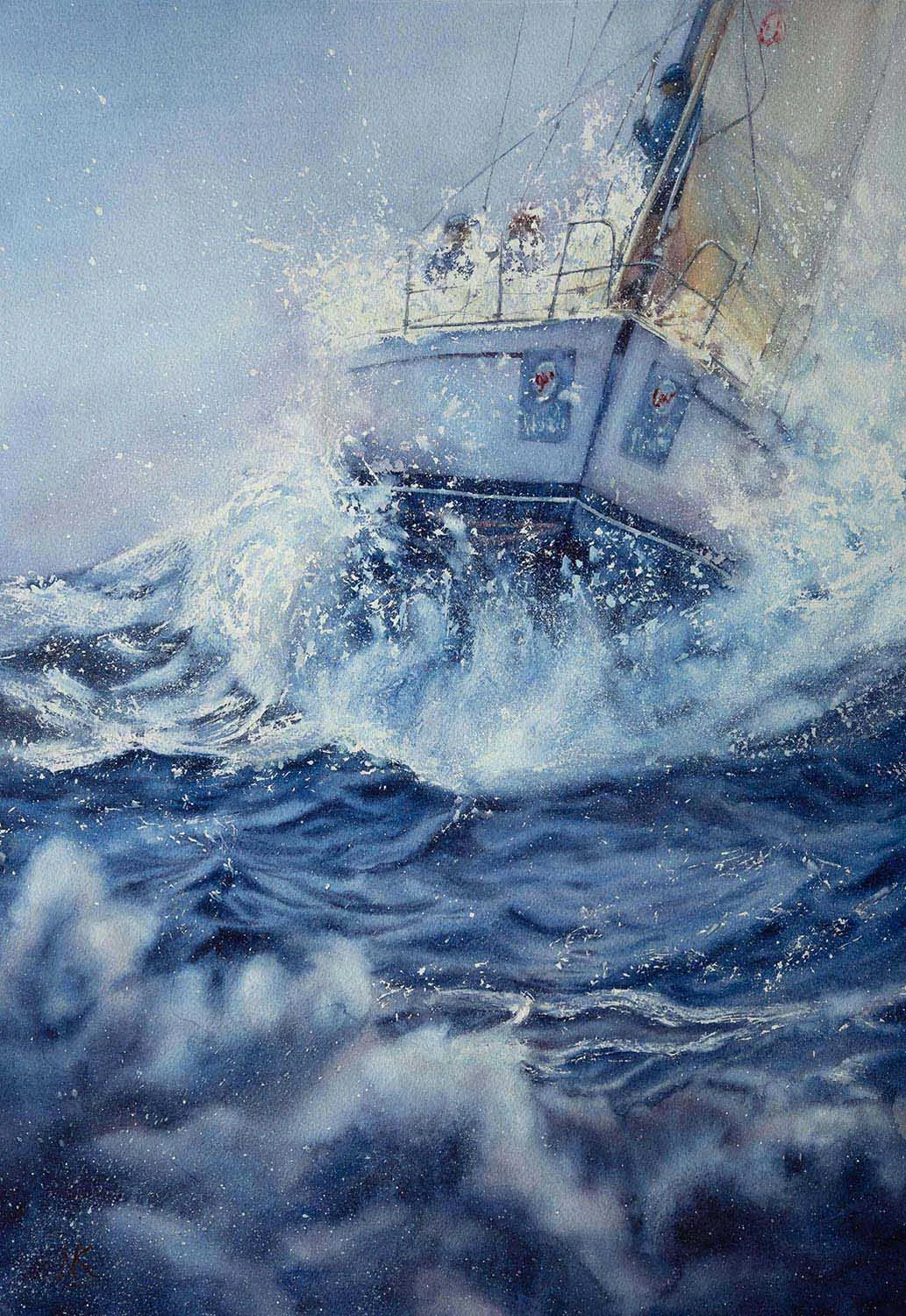 Maritime watercolor artwork Bravery showing sailboat battling deep blue storm waves, emotional ocean painting representing inner strength and determination.