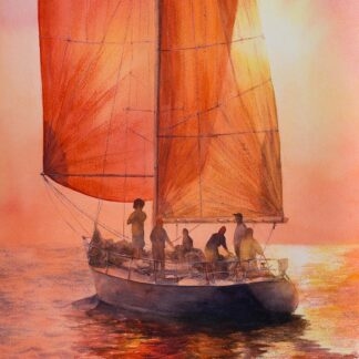 Original nautical watercolor painting Red Sails featuring sailboat silhouettes, glowing red sails, and golden ocean light perfect for coastal interiors.