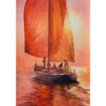 Red Sails original watercolor sailboat painting glowing at sunset with warm red tones and nautical ocean reflections, maritime artwork for coastal home decor.