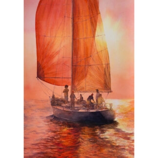 Red Sails original watercolor sailboat painting glowing at sunset with warm red tones and nautical ocean reflections, maritime artwork for coastal home decor.