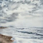 Moody seascape watercolor “Storm Anticipation” showing rolling waves, overcast sky, and beach reflections — original ocean artwork for coastal home décor.