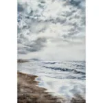 Storm Anticipation original watercolor painting featuring dramatic storm clouds, gentle ocean waves, and reflective shoreline — atmospheric coastal wall art in grey and blue tones.