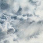 Detail of Storm Anticipation watercolor painting showing textured storm clouds and soft gradients in the sky — atmospheric seascape art closeup.