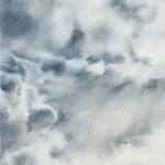 Detail of Storm Anticipation watercolor painting showing textured storm clouds and soft gradients in the sky — atmospheric seascape art closeup.