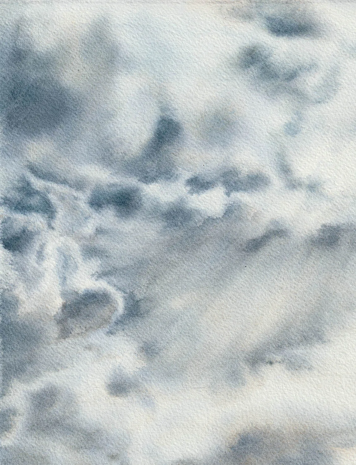 Detail of Storm Anticipation watercolor painting showing textured storm clouds and soft gradients in the sky — atmospheric seascape art closeup.