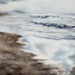 Closeup of ocean waves and shoreline in the Storm Anticipation watercolor painting, highlighting brushwork, water texture, and coastal detail.