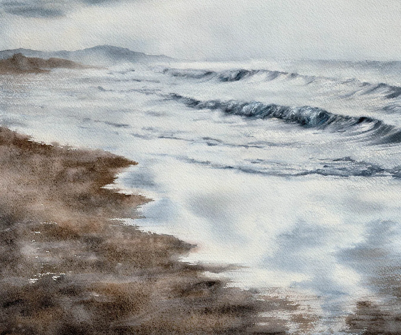Closeup of ocean waves and shoreline in the Storm Anticipation watercolor painting, highlighting brushwork, water texture, and coastal detail.