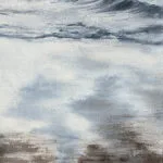Artist signature detail on the Storm Anticipation original watercolor painting with ocean waves and sandy shoreline.