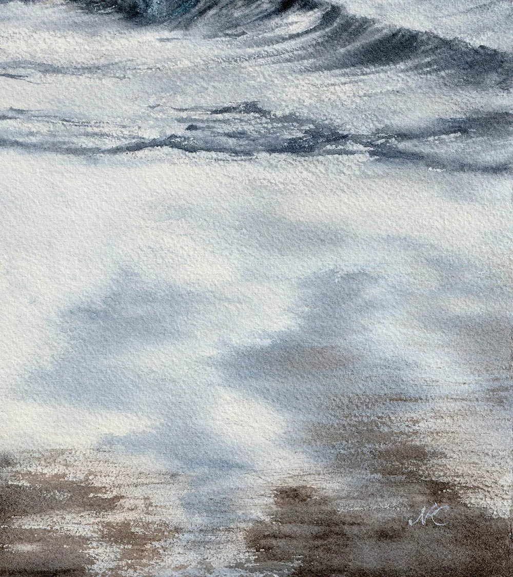 Artist signature detail on the Storm Anticipation original watercolor painting with ocean waves and sandy shoreline.