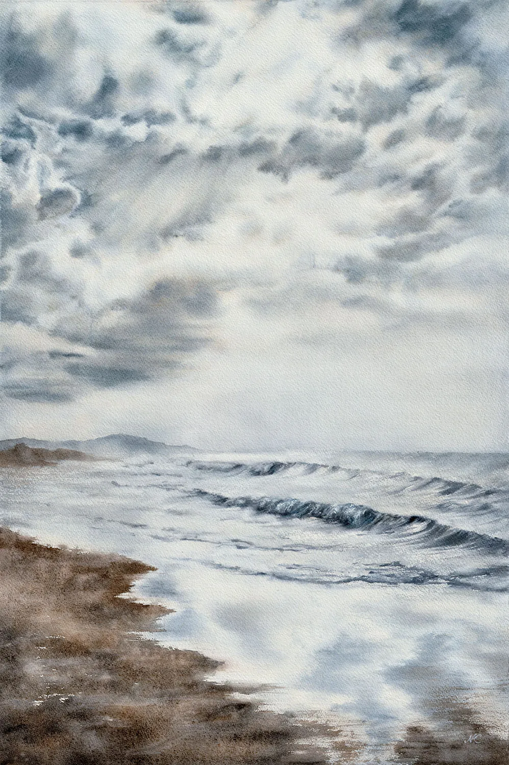 Moody seascape watercolor “Storm Anticipation” showing rolling waves, overcast sky, and beach reflections — original ocean artwork for coastal home décor.