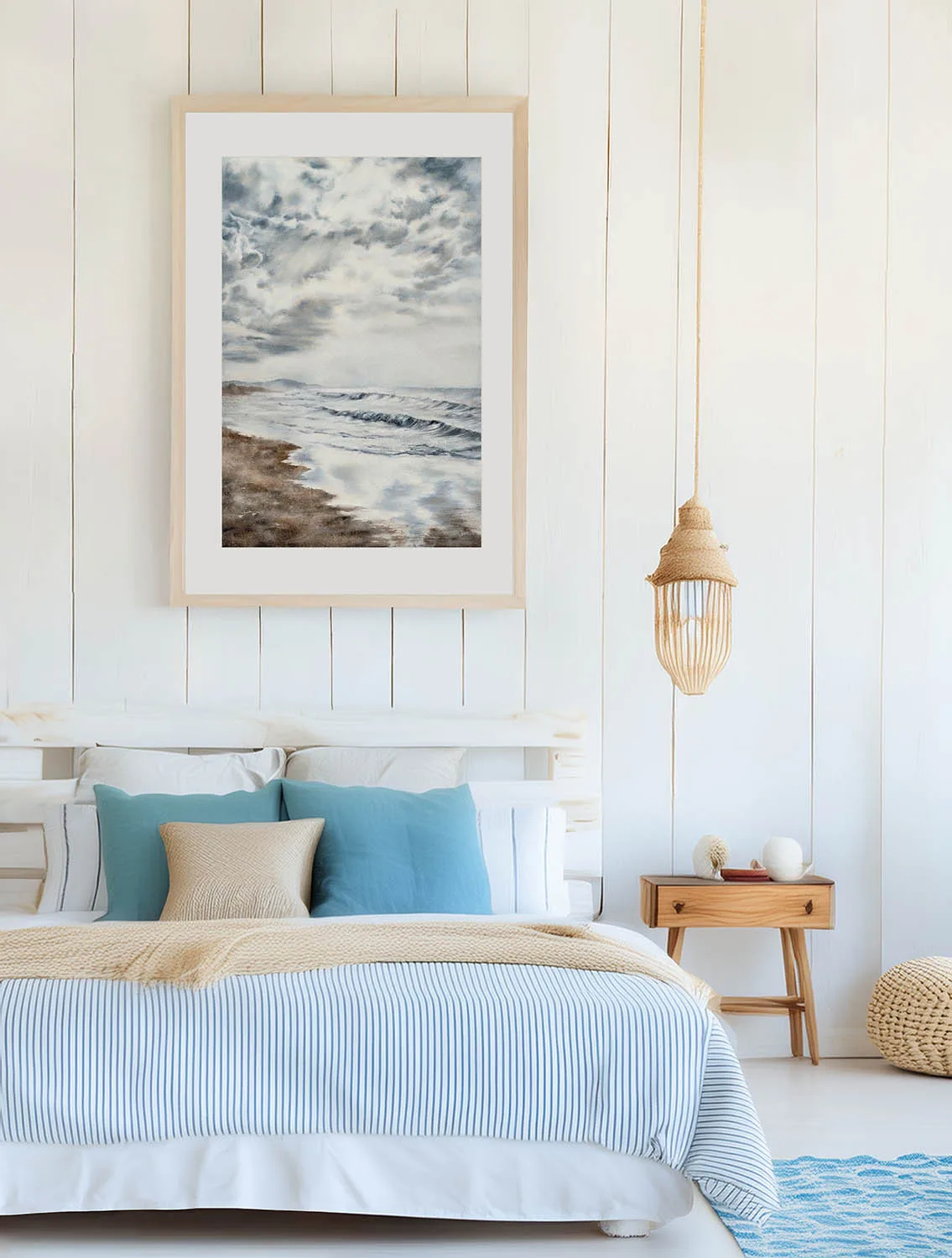 Storm Anticipation seascape watercolor framed in a bedroom, creating calming coastal décor with storm clouds and gentle ocean waves.