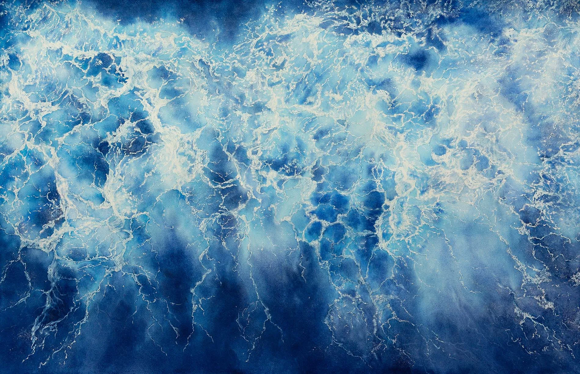 Ocean Blues - 2024 - watercolor on paper - 73x113 cm Original large-scale watercolor seascape Ocean Blues by Kateryna Nazarenko, featuring dynamic blue ocean waves and white sea foam on paper.