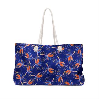 Orange Bird of Paradise Watercolor Floral Weekender Bag | Blue Tropical Pattern