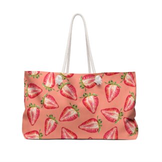 Strawberry Pattern Weekender Bag | Pink Fruit Tote, Summer Beach Bag