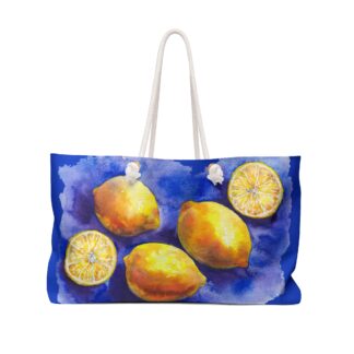 Yellow Lemon Watercolor Weekender Bag | Blue Background Citrus Print