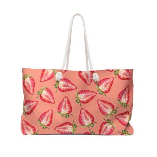 Strawberry Pattern Weekender Bag | Pink Fruit Tote, Summer Beach Bag
