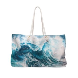 Ocean Wave Watercolor Print Weekender Bag | Blue Sea Surf Tote