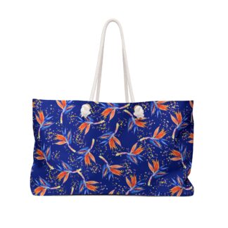 Orange Bird of Paradise Watercolor Floral Weekender Bag | Blue Tropical Pattern