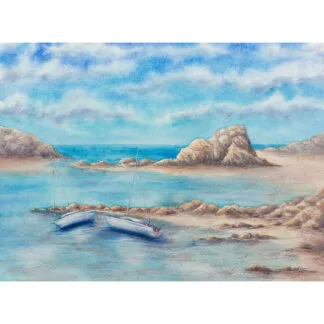 Original watercolor seascape showing two boats anchored in a sheltered cove surrounded by granite rocks at low tide in Saint-Jacut-de-la-Mer.