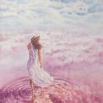 Original watercolor artwork featuring a solitary female figure stepping into calm rose-colored water, symbolizing freedom, hope, and following dreams.