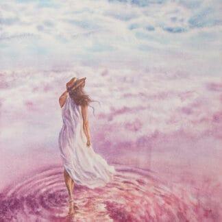 Original watercolor artwork featuring a solitary female figure stepping into calm rose-colored water, symbolizing freedom, hope, and following dreams.