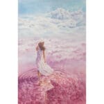 Watercolor painting of a woman in a flowing white dress walking barefoot into a pink ocean beneath soft pastel clouds and a glowing horizon.