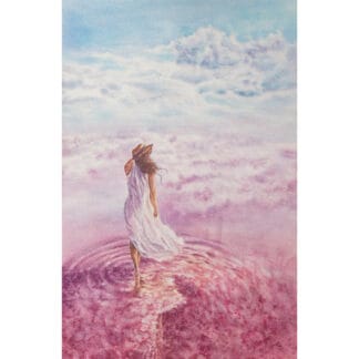Watercolor painting of a woman in a flowing white dress walking barefoot into a pink ocean beneath soft pastel clouds and a glowing horizon.