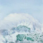 Original watercolor seascape featuring rolling aqua-blue waves and airy foam in a minimalist coastal composition inspired by the ocean breeze.
