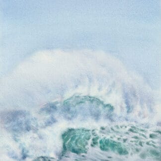 Original watercolor seascape featuring rolling aqua-blue waves and airy foam in a minimalist coastal composition inspired by the ocean breeze.