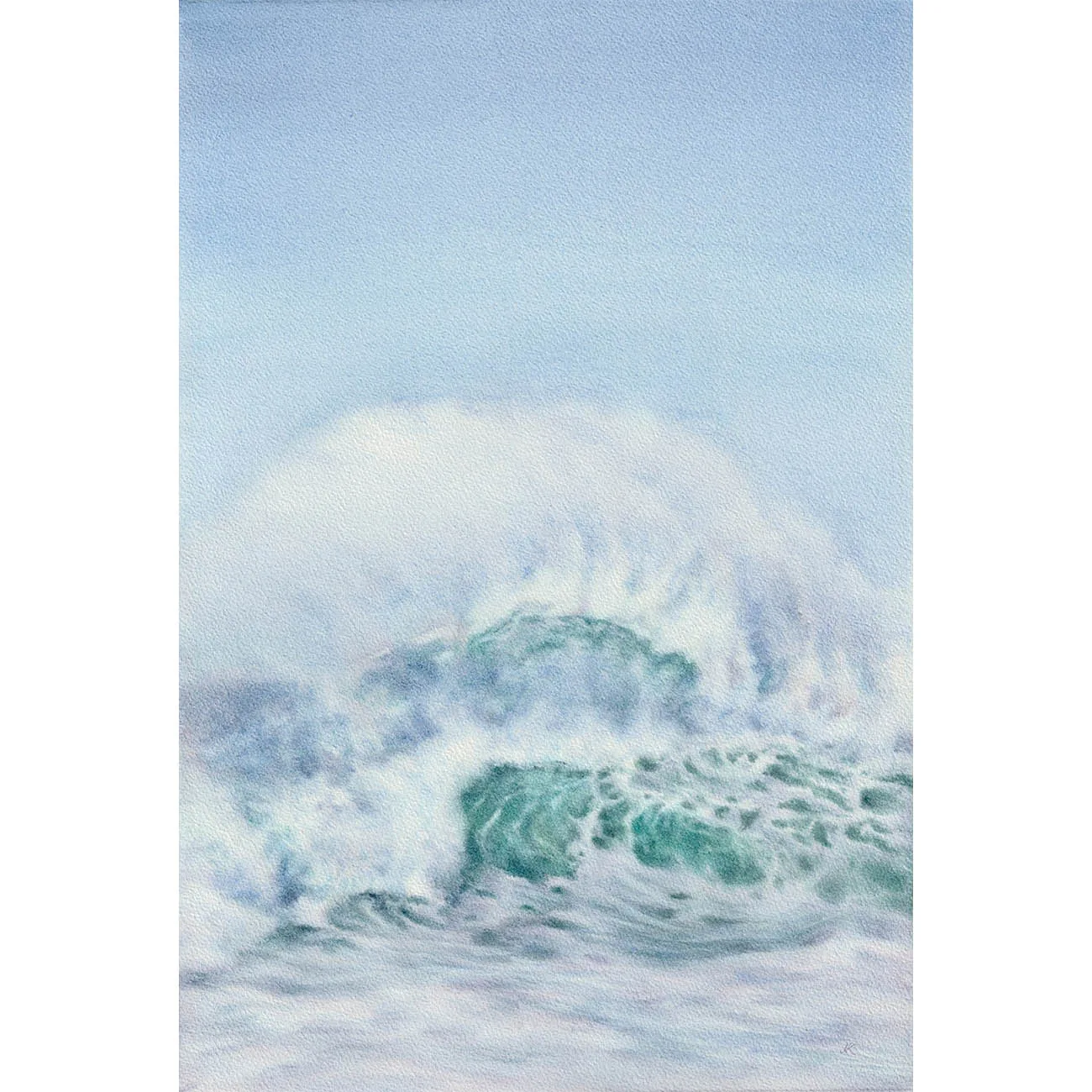 Watercolor painting of soft turquoise ocean waves with delicate white sea foam, capturing the fresh and calming beauty of the sea.