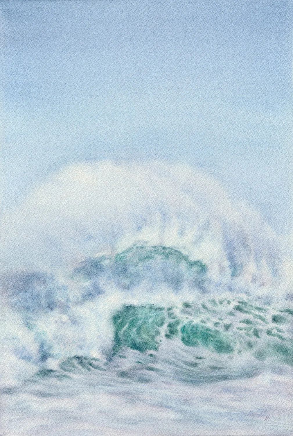 Original watercolor seascape featuring rolling aqua-blue waves and airy foam in a minimalist coastal composition inspired by the ocean breeze.